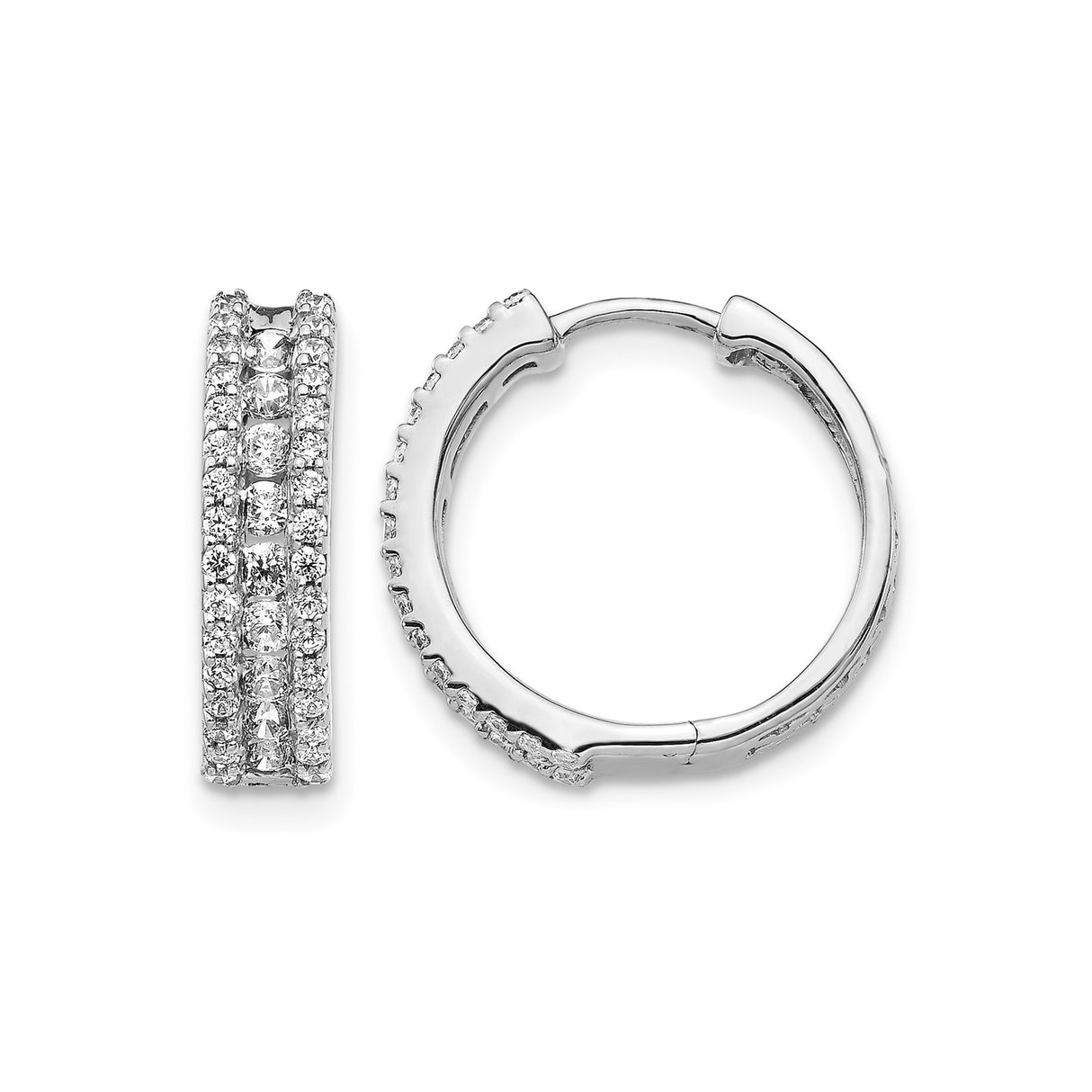14k White Gold Diamond Hoop Earrings, Three Row Pavé Huggie Style for Women