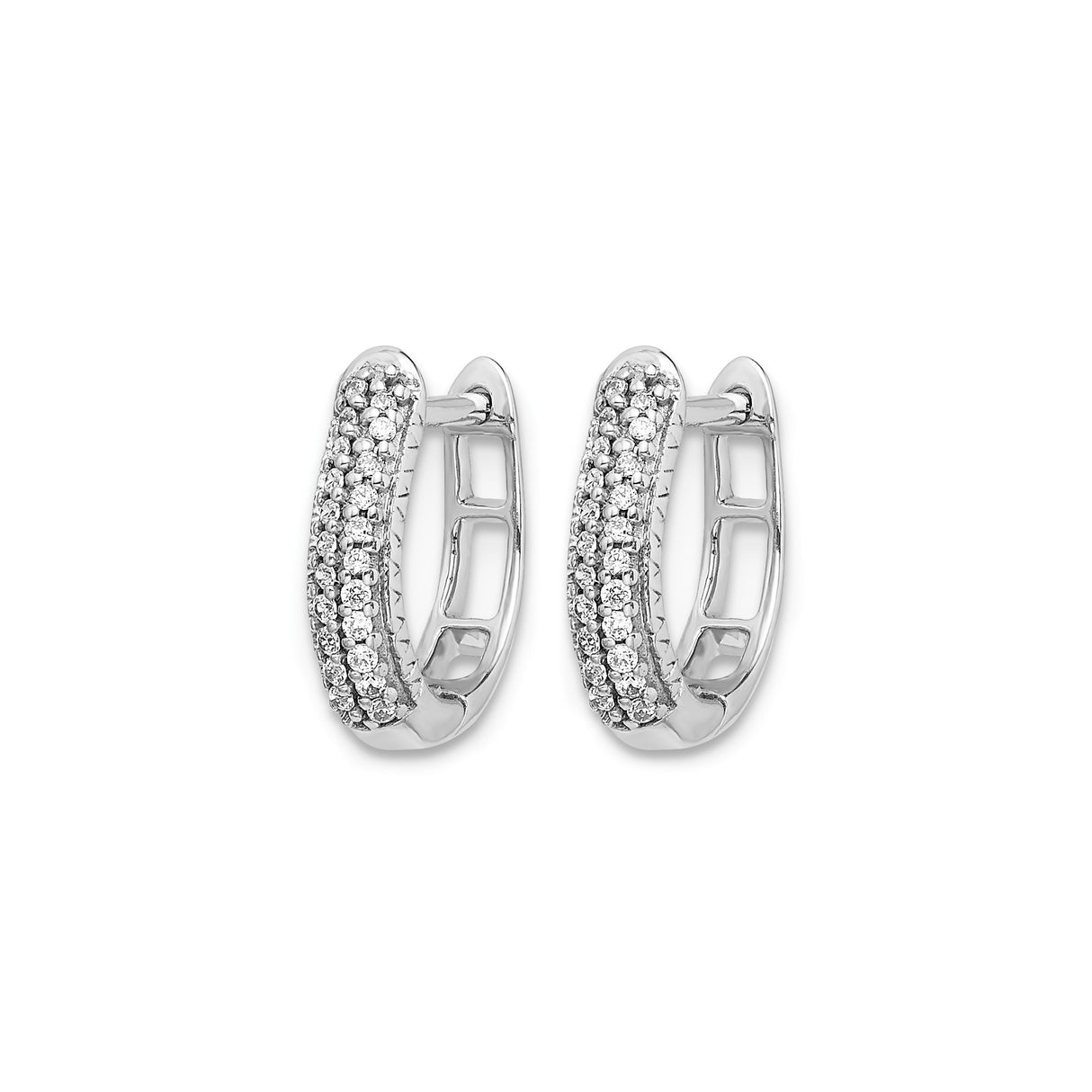 14k White Gold Huggie Hoop Earrings with Triple Row Pavé Set Round Diamonds