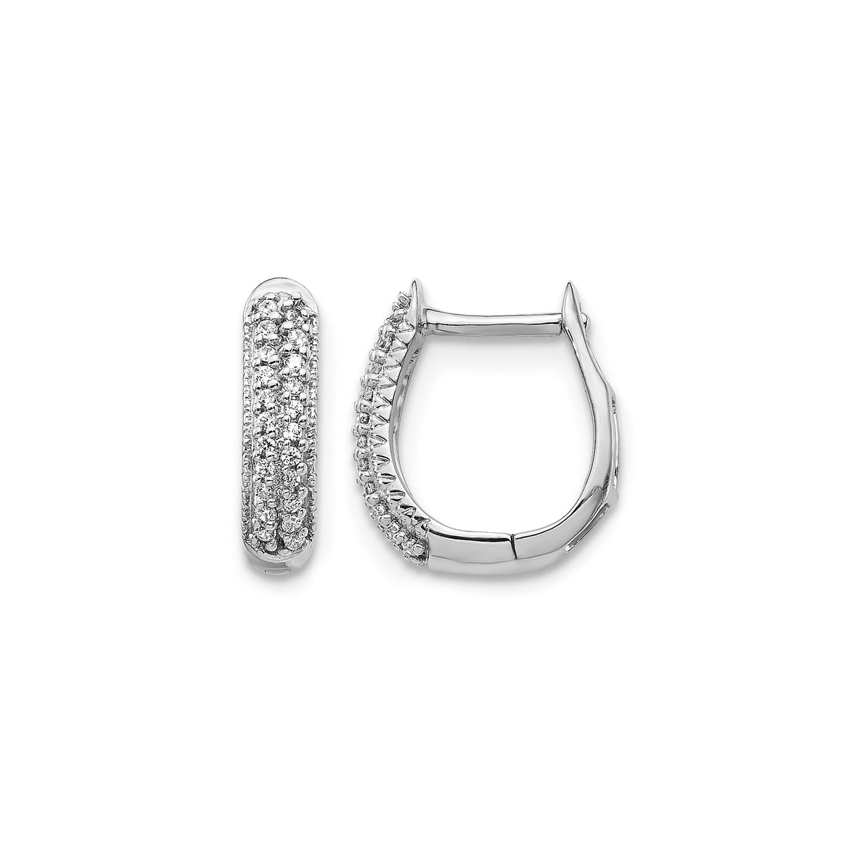 14k White Gold Huggie Hoop Earrings with Triple Row Pavé Set Round Diamonds