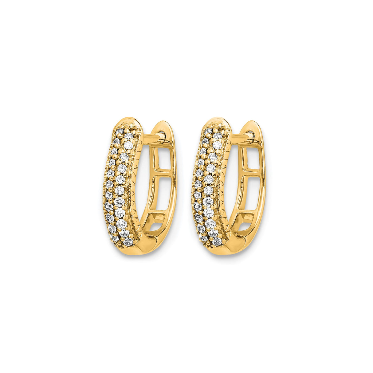 14k Yellow Gold Hoop Earrings with Triple Row Pave Diamonds, Huggie Style