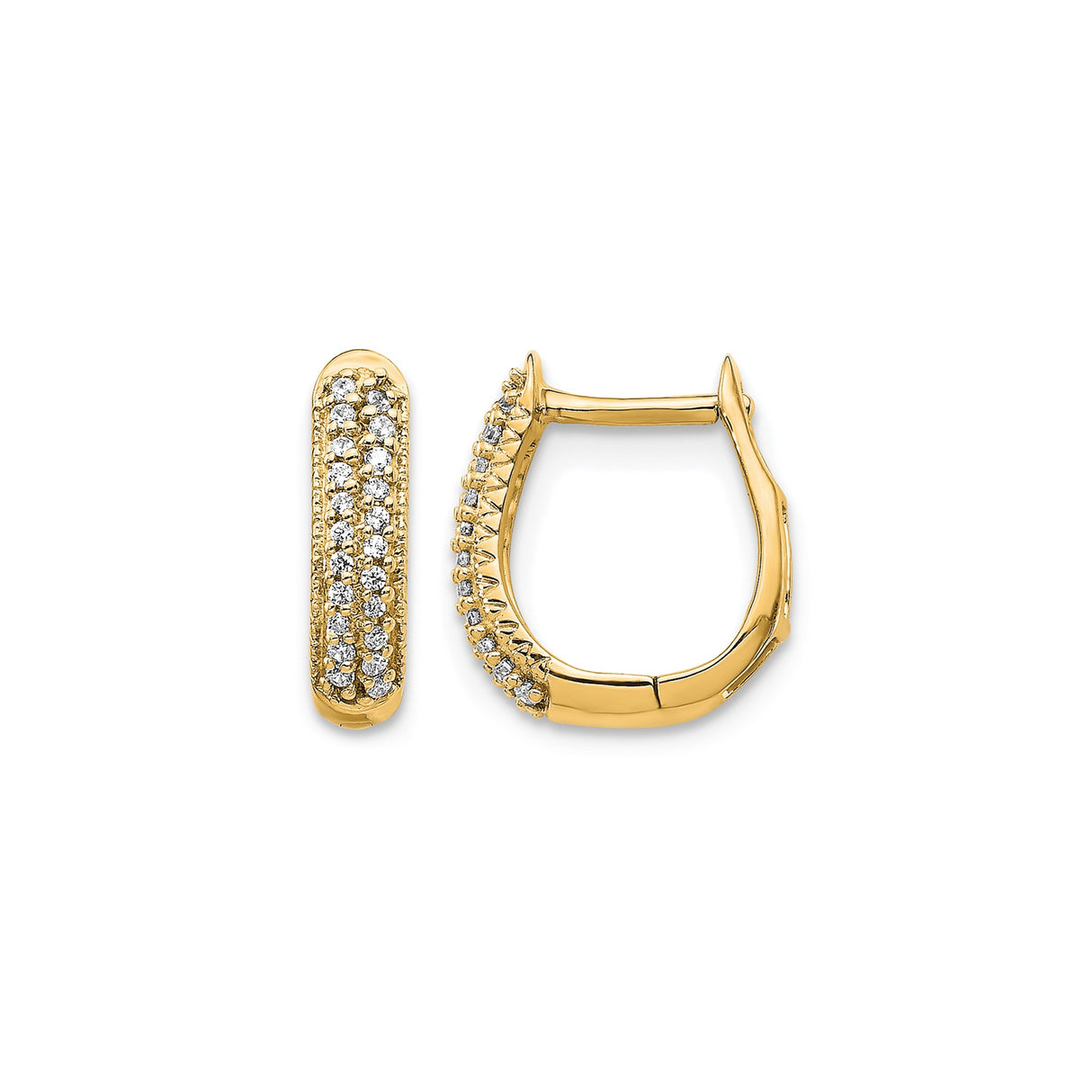 14k Yellow Gold Hoop Earrings with Triple Row Pave Cubic Zirconia, Huggie Style