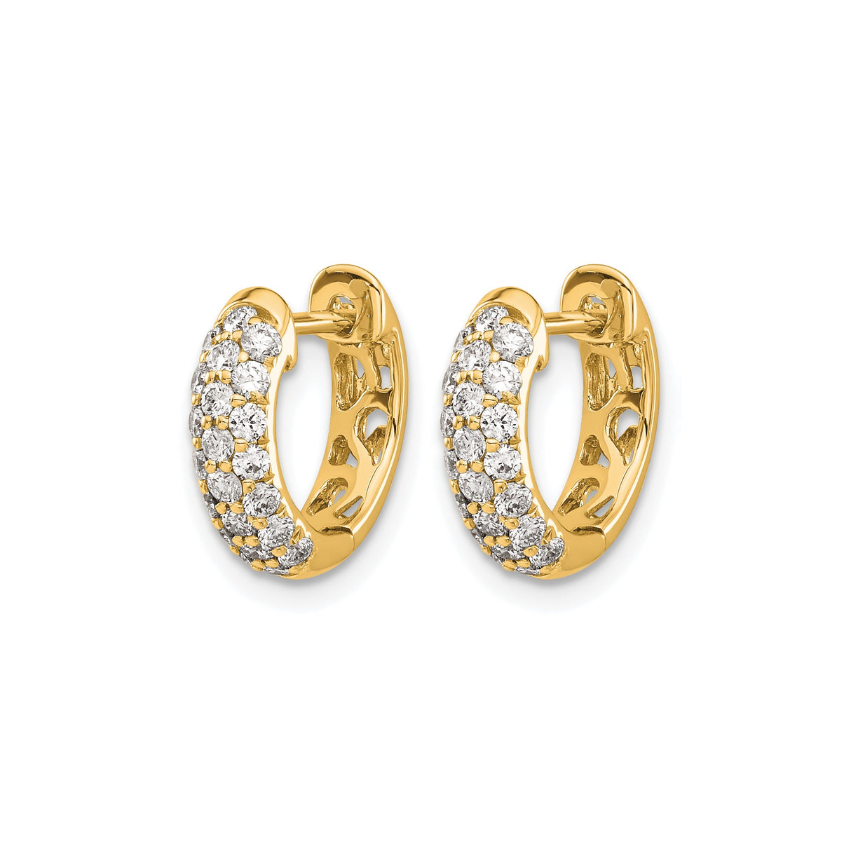14k Yellow Gold Diamond Huggie Hoop Earrings, Three Row Pavé, Small Lightweight Click-Top Design
