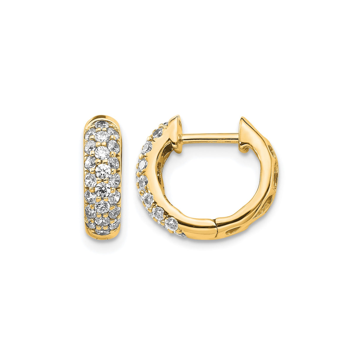 14k Yellow Gold Diamond Huggie Hoop Earrings, Three Row Pavé, Small Lightweight Click-Top Design