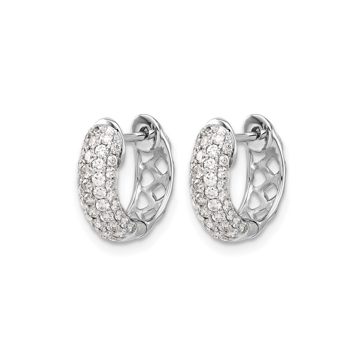 10k White Gold Huggie Earrings with Pave Round Cut Diamonds, Hinged Hoop Design
