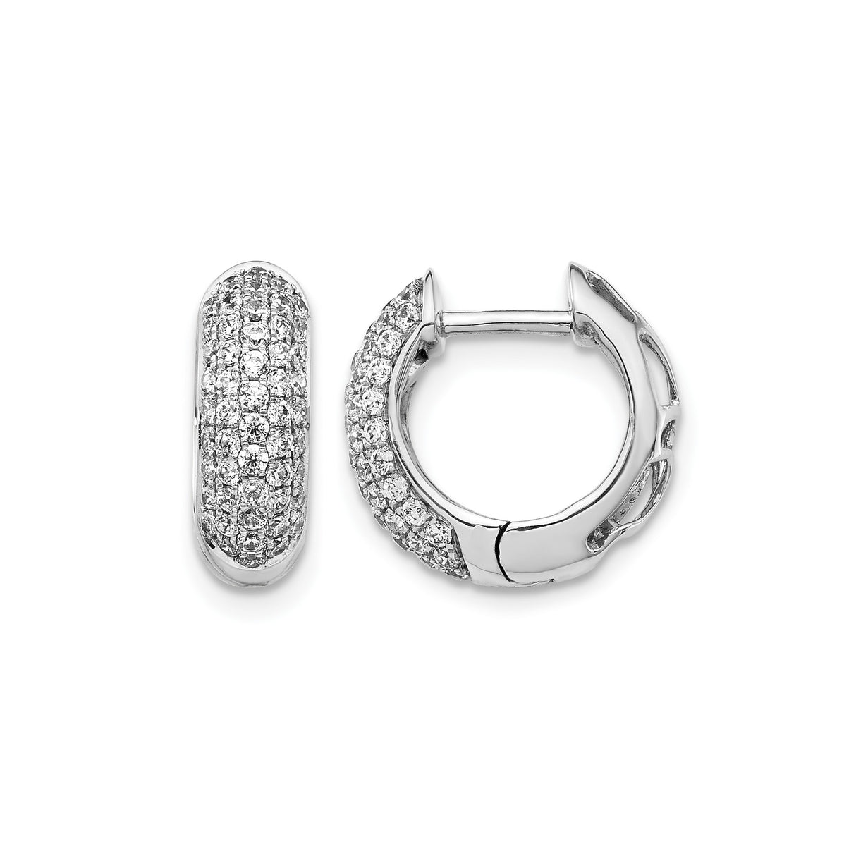10k White Gold Huggie Earrings with Pave Round Cut Diamonds, Hinged Hoop Design