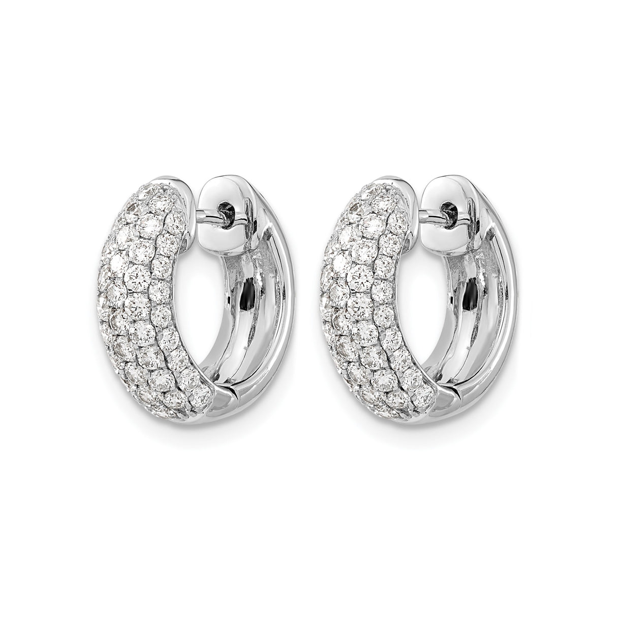 14k White Gold Huggie Hoop Earrings with Triple Row Pavé Set Round Diamonds