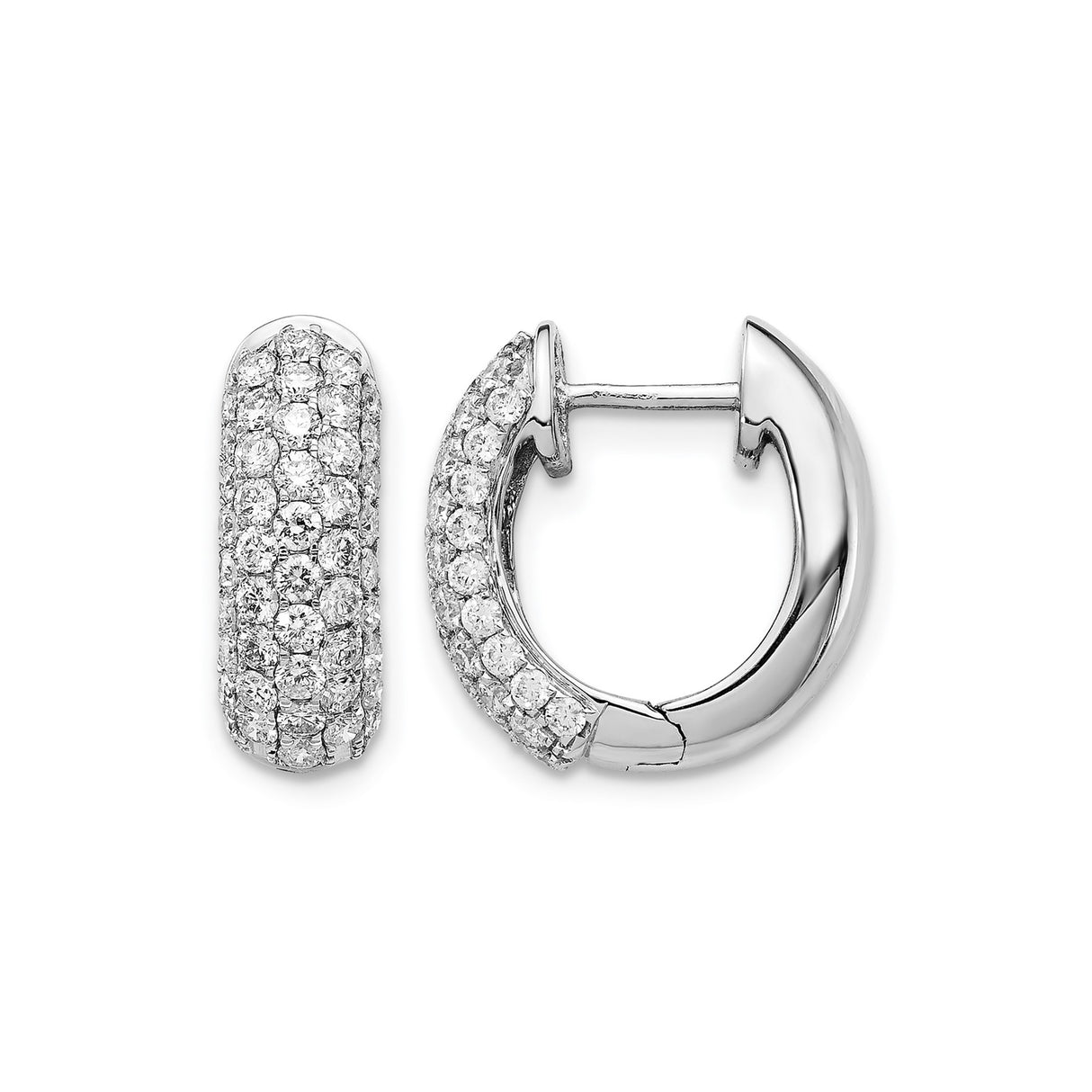 14k White Gold Huggie Hoop Earrings with Triple Row Pavé Set Round Diamonds