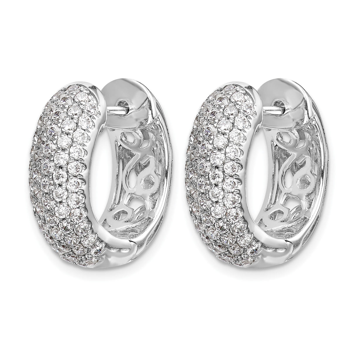 14k White Gold Hoop Earrings with Pavé-Set Round Diamonds, Wide Huggie Style for Women