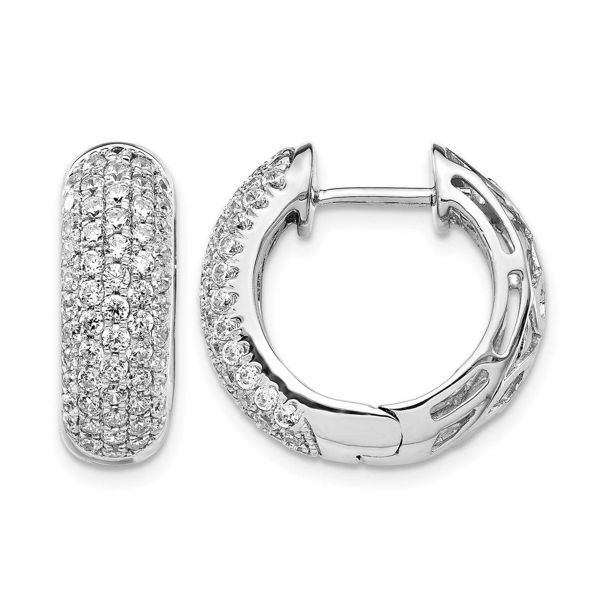14k White Gold Hoop Earrings with Pavé-Set Round Diamonds, Wide Huggie Style for Women