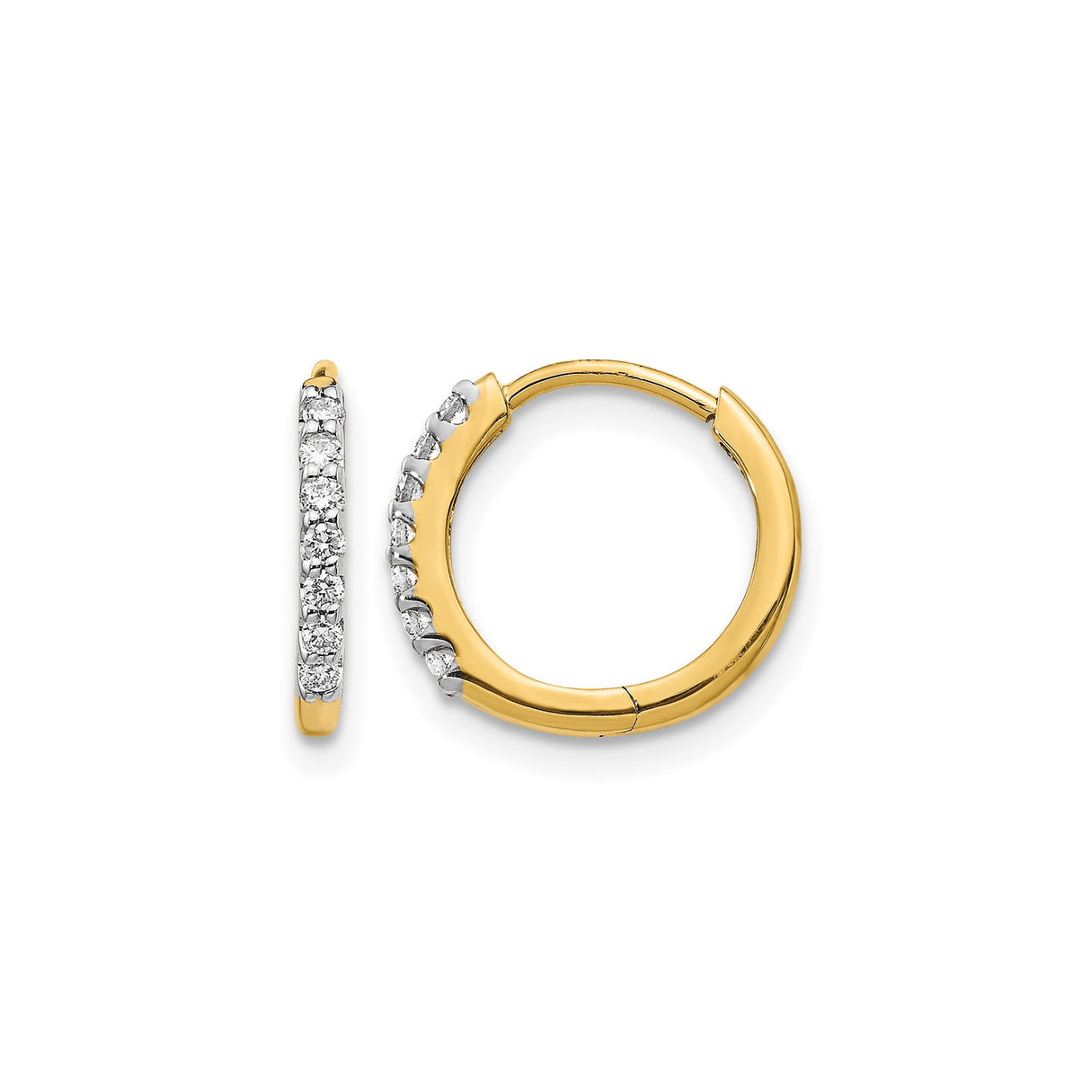 10k Yellow Gold Hoop Earrings with Round Cut White Diamonds, Channel Set, Hinged Closure