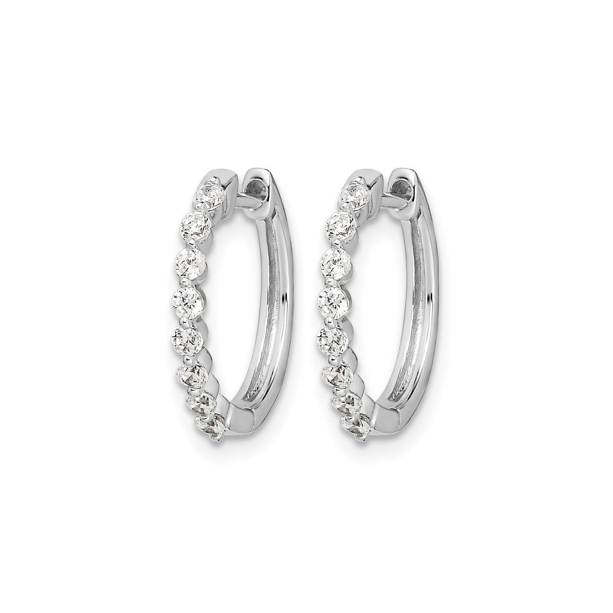 14k White Gold Diamond Hoop Earrings with Baguette and Round Stones, Hinged Classic Style