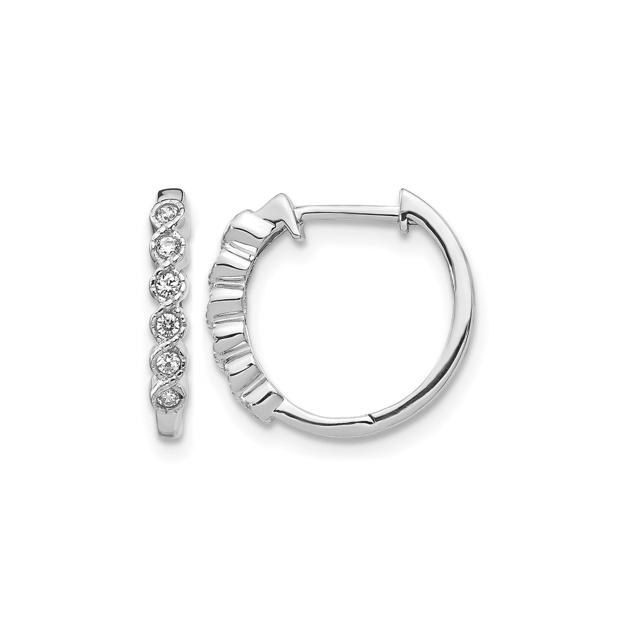 10k White Gold Huggie Earrings with Five Bezel Set Round Diamonds, Polished Finish, Classic Style
