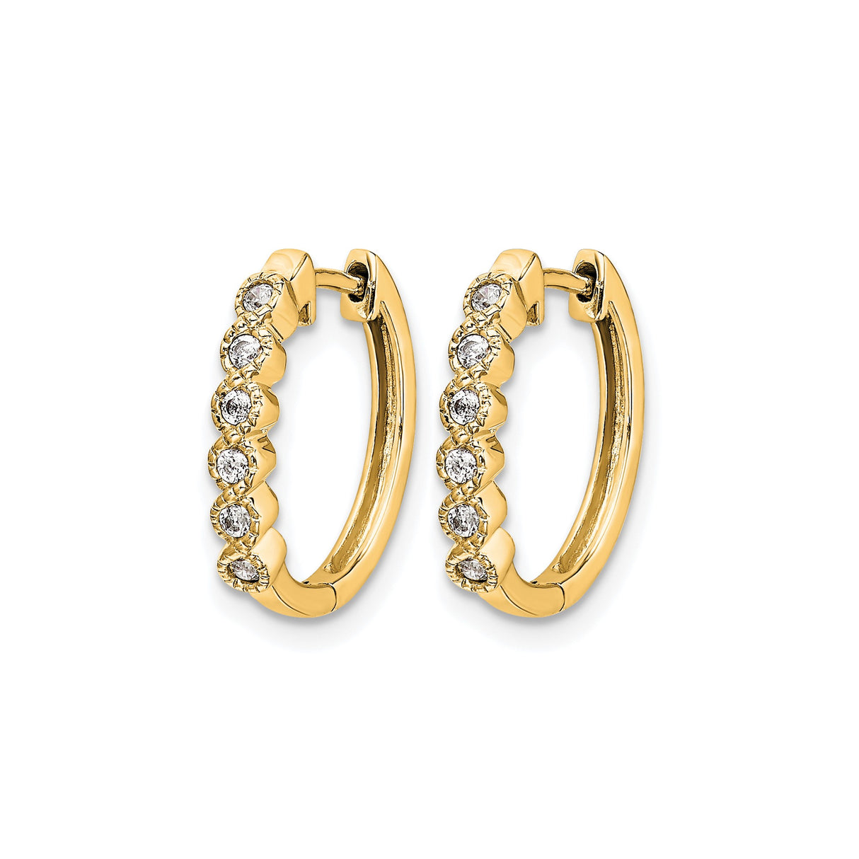 10k Yellow Gold Hoop Earrings with Round Cut White Diamonds, Shared Prong Setting, Small Hinged Style