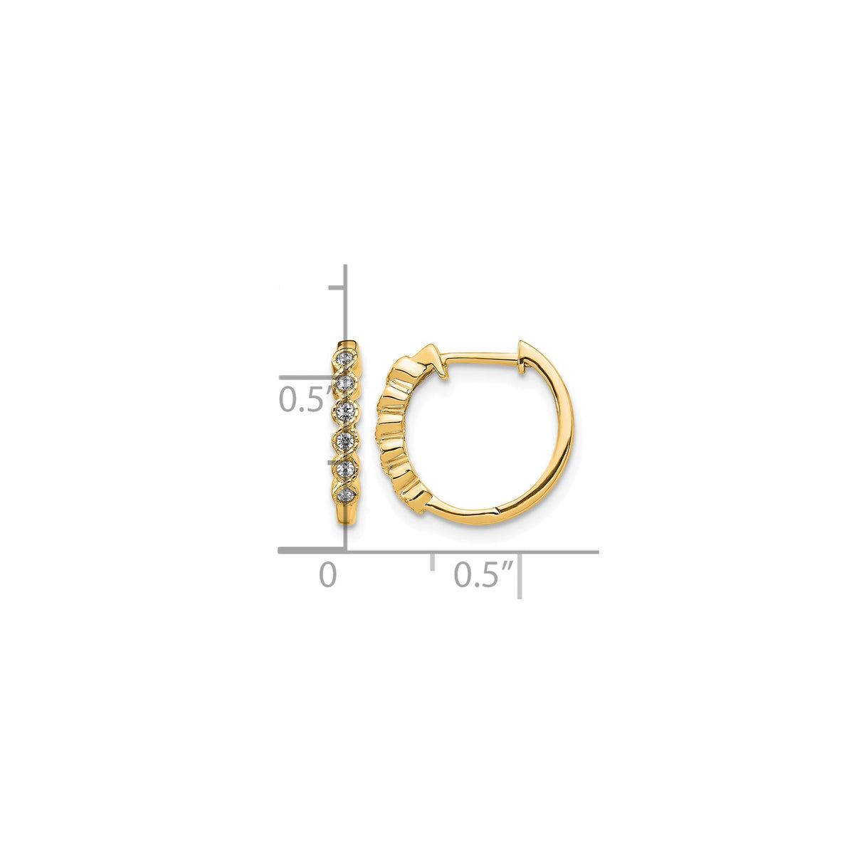 10k Yellow Gold Hoop Earrings with Round Cut White Diamonds, Shared Prong Setting, Small Hinged Style
