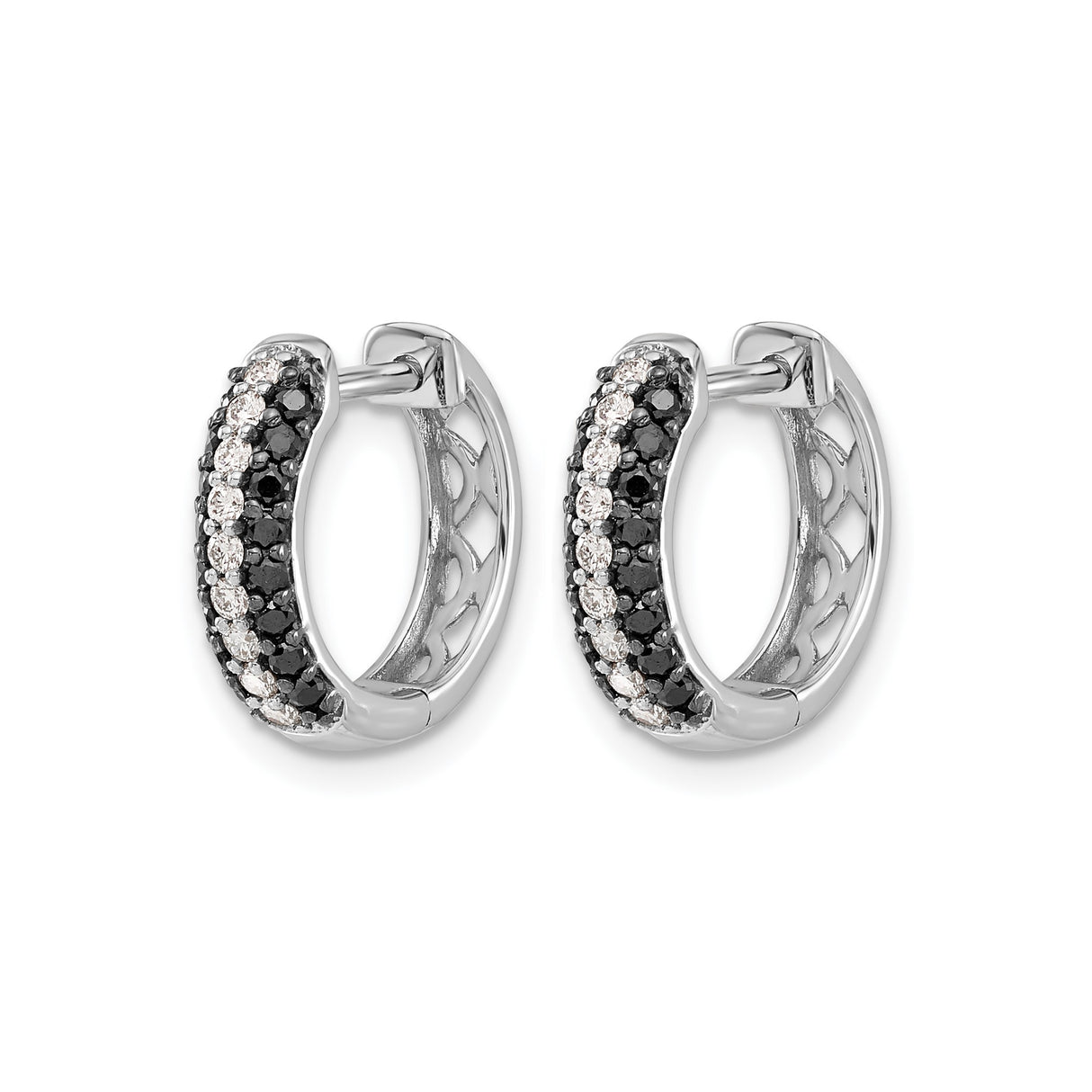 10k White Gold Hoop Earrings with Black and White Diamonds, Pavé Setting, Modern Contrast Design