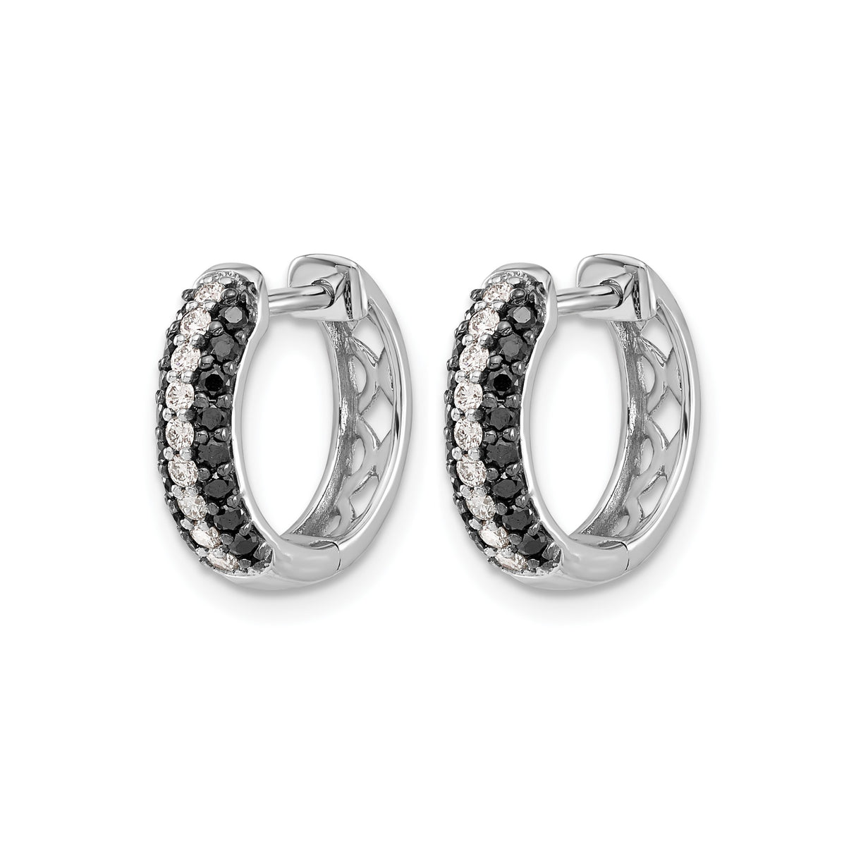 14k White Gold Hoop Earrings with Black and White Diamonds, Modern Pave Design