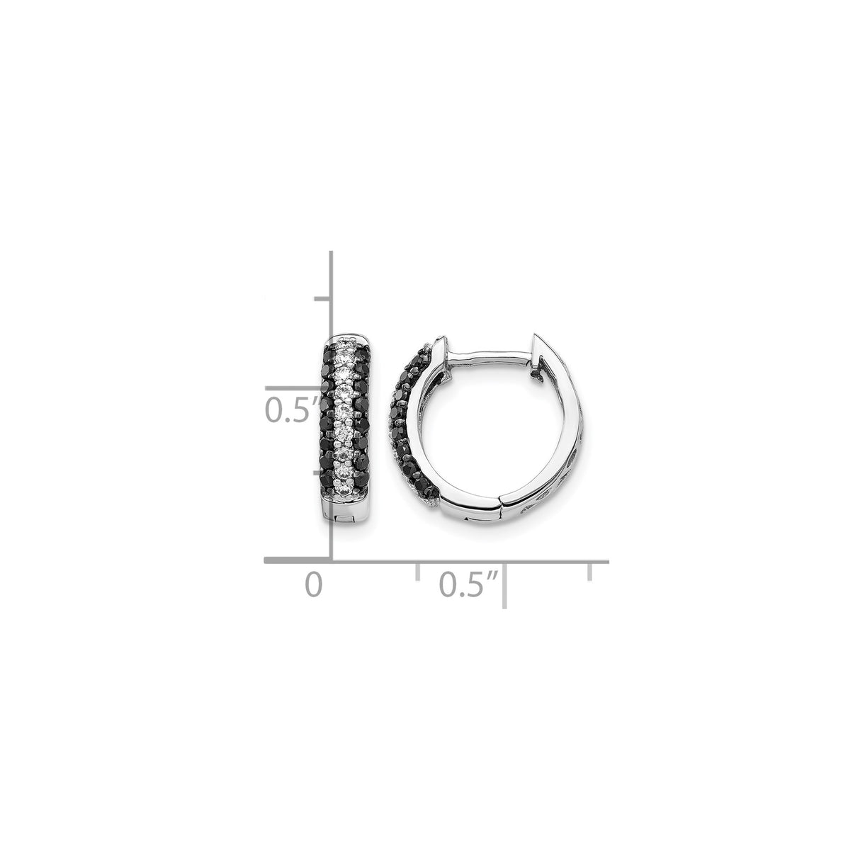 14k White Gold Hoop Earrings with Black and White Diamonds, Modern Pave Design