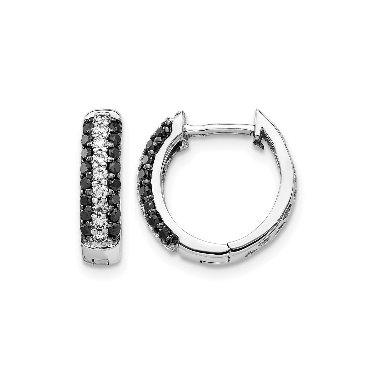 14k White Gold Hoop Earrings with Black and White Diamonds, Modern Pave Design