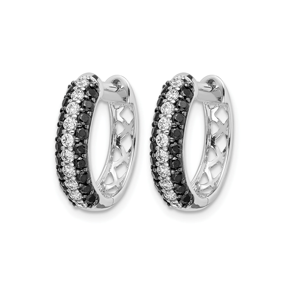 14k White Gold Hoop Earrings with Black Diamonds and White Center Diamonds, Modern Evening Style