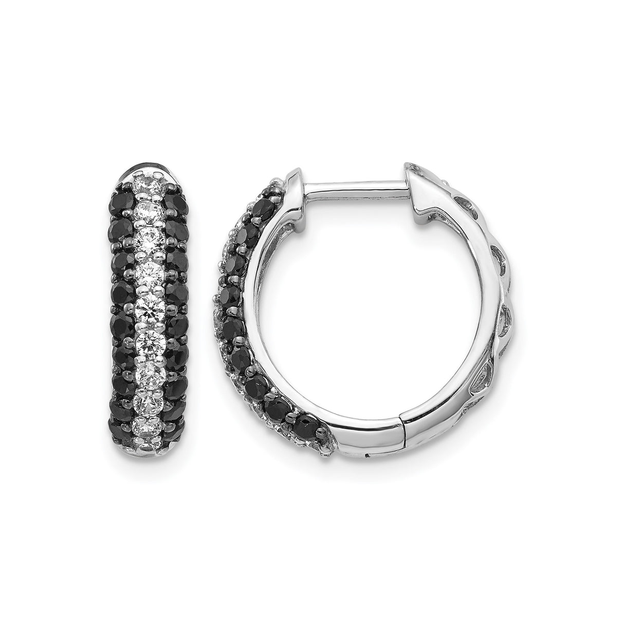 14k White Gold Hoop Earrings with Black Diamonds and White Center Diamonds, Modern Evening Style