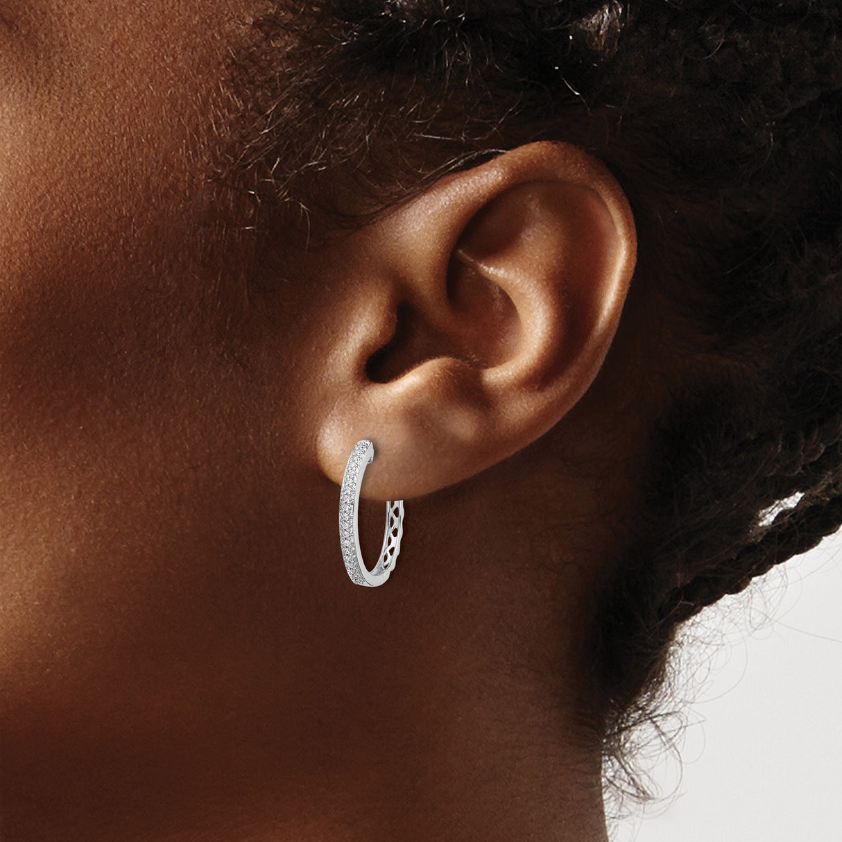 14k White Gold Hoop Earrings with Pavé Set Round Diamonds, Sleek Modern Design for Women