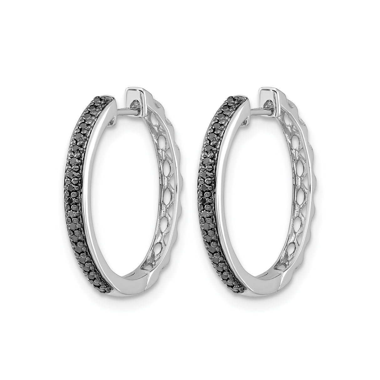 14k White Gold Hoop Earrings with Black Diamond Accents in Pavé Setting