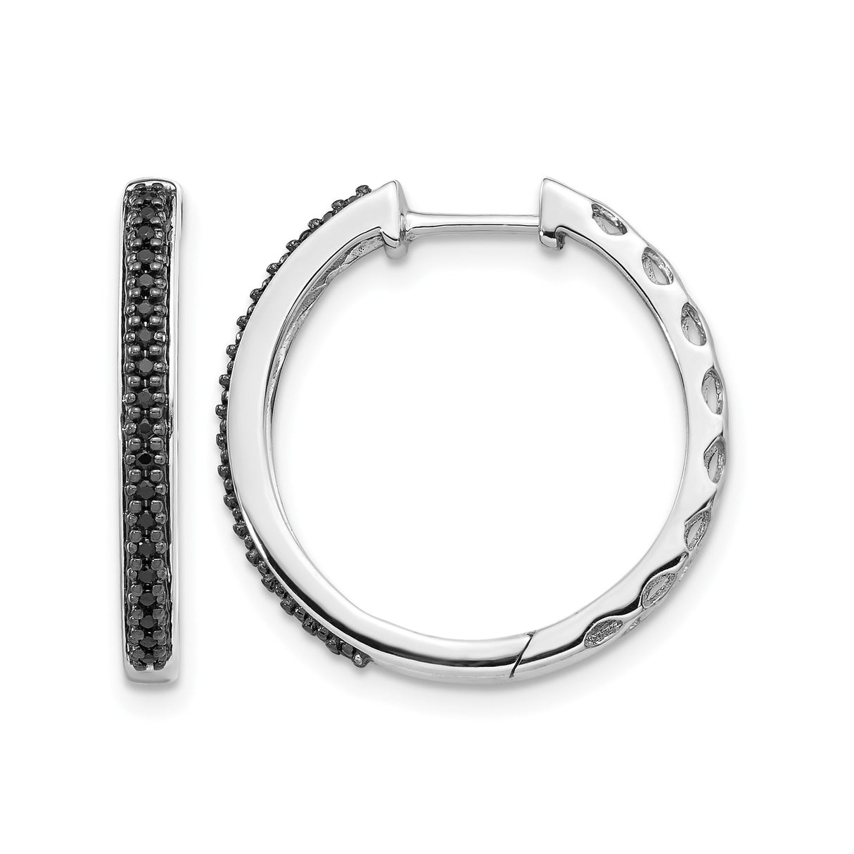 14k White Gold Hoop Earrings with Black Diamond Accents in Pavé Setting