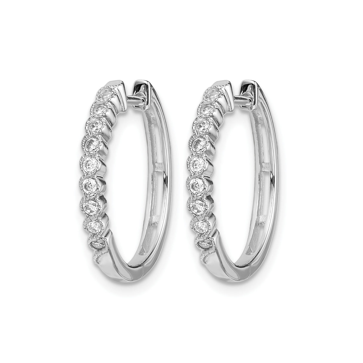 14k White Gold Hoop Earrings with Round Cut Diamonds, Classic Prong Setting