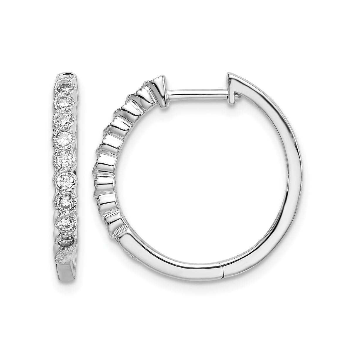 14k White Gold Hoop Earrings with Round Cut Diamonds, Classic Prong Setting