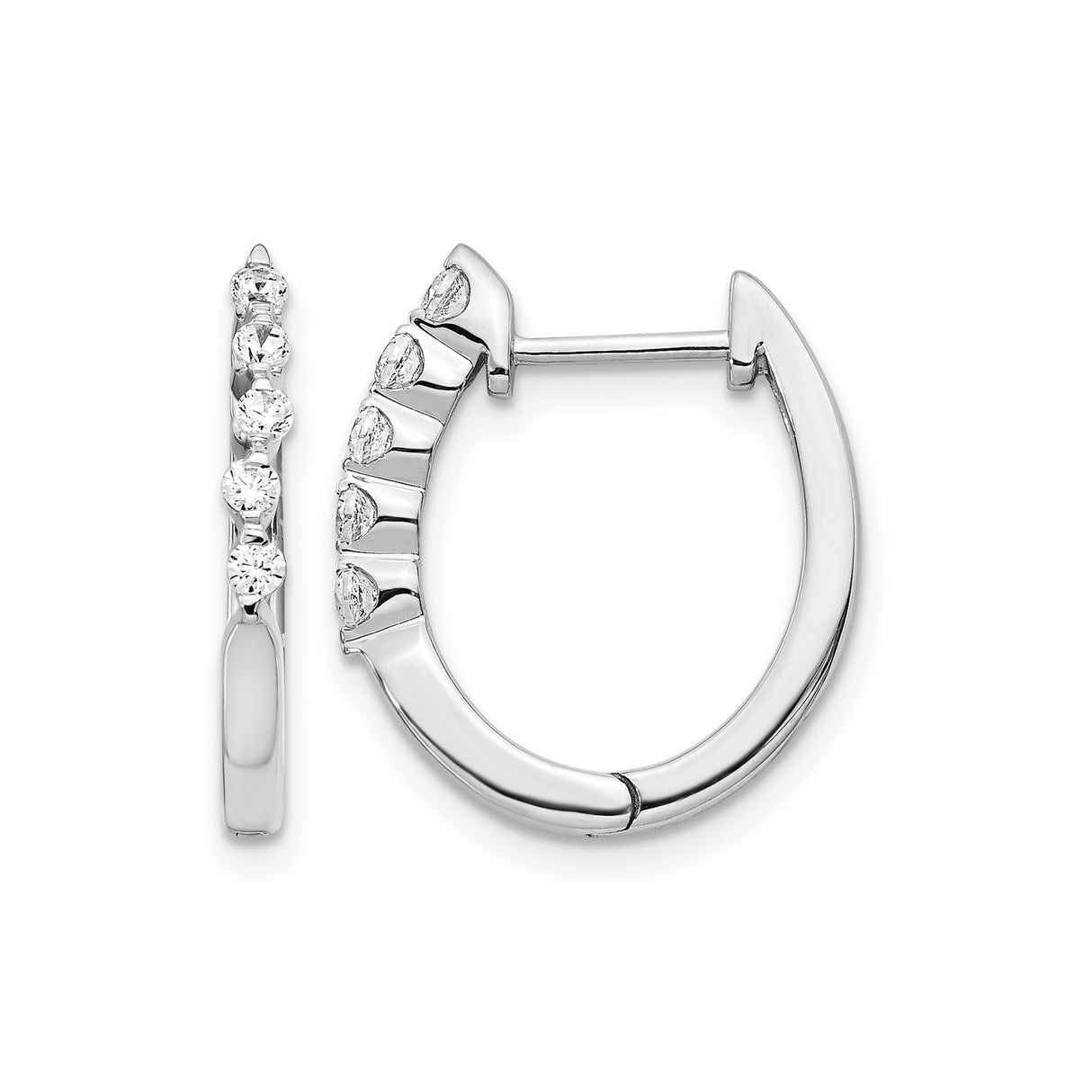 14k White Gold Hoop Earrings with Round Cut Diamonds in Shared Prong Setting
