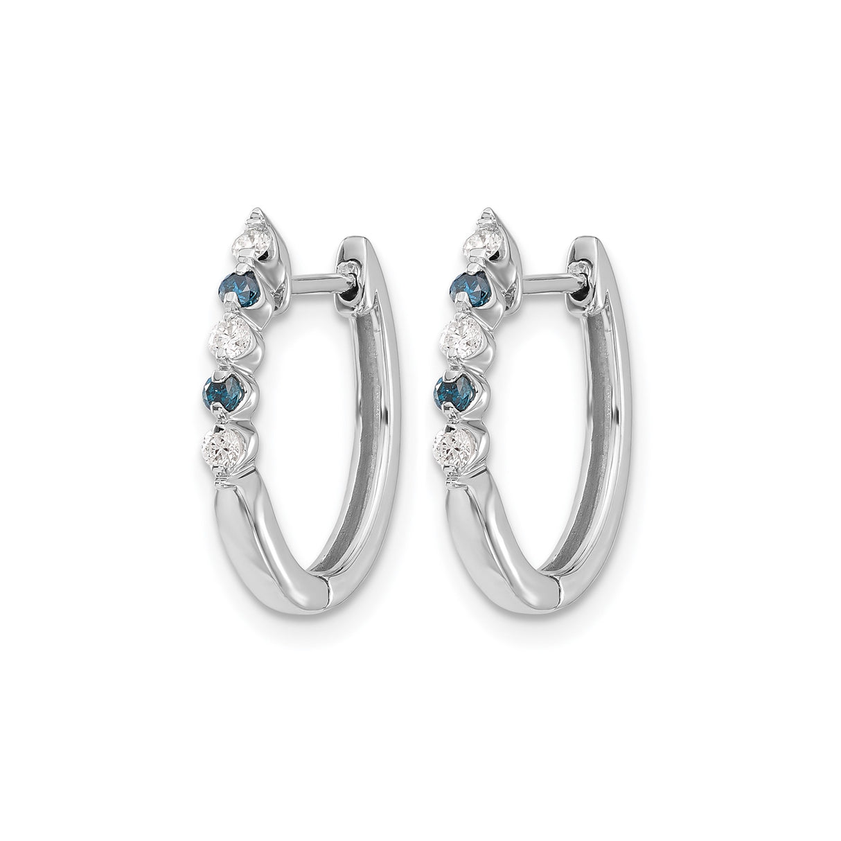 14k White Gold Hoop Earrings with Blue and White Diamond, Round Cut, Shared Prong Setting