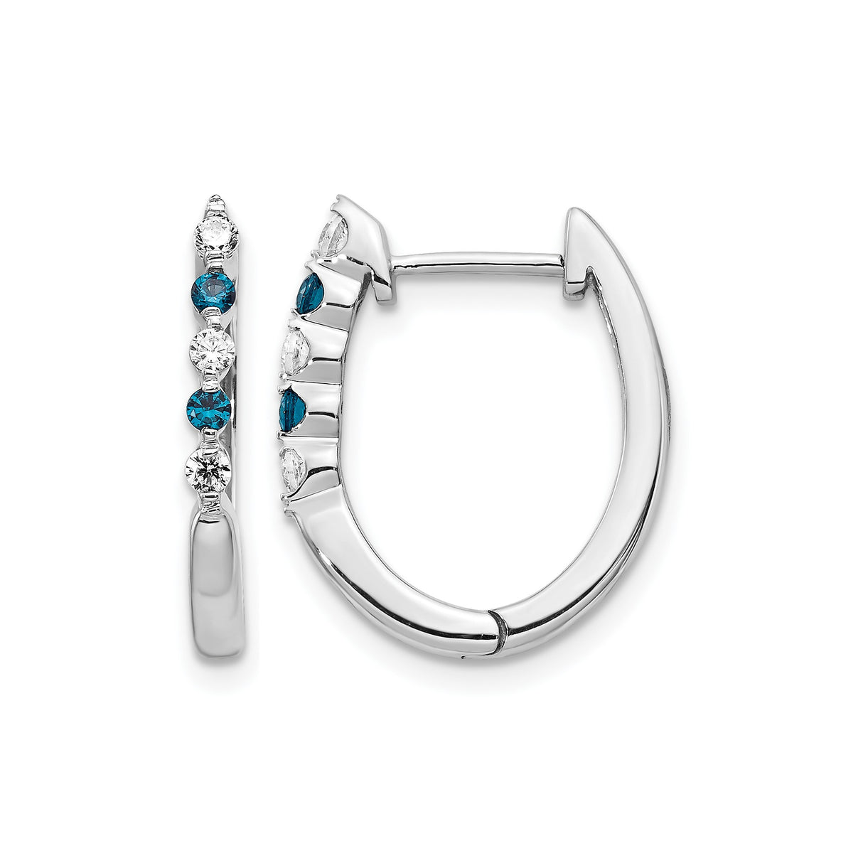 14k White Gold Hoop Earrings with Blue and White Diamond, Round Cut, Shared Prong Setting