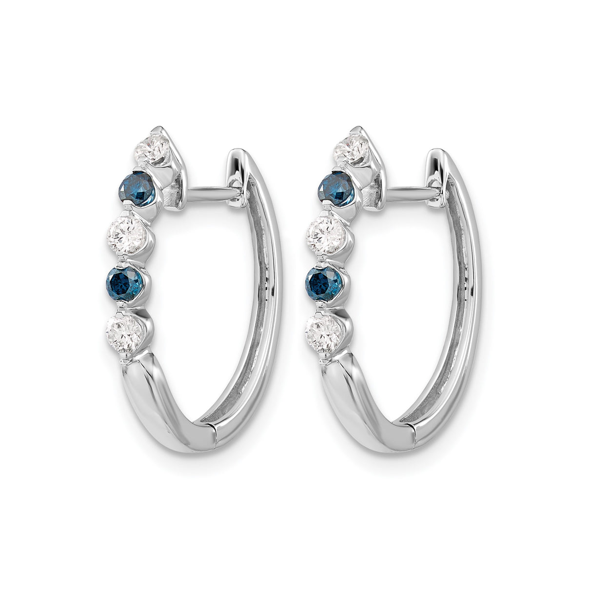 14k White Gold Hoop Earrings with Alternating White and Blue Diamonds, Prong Set Design