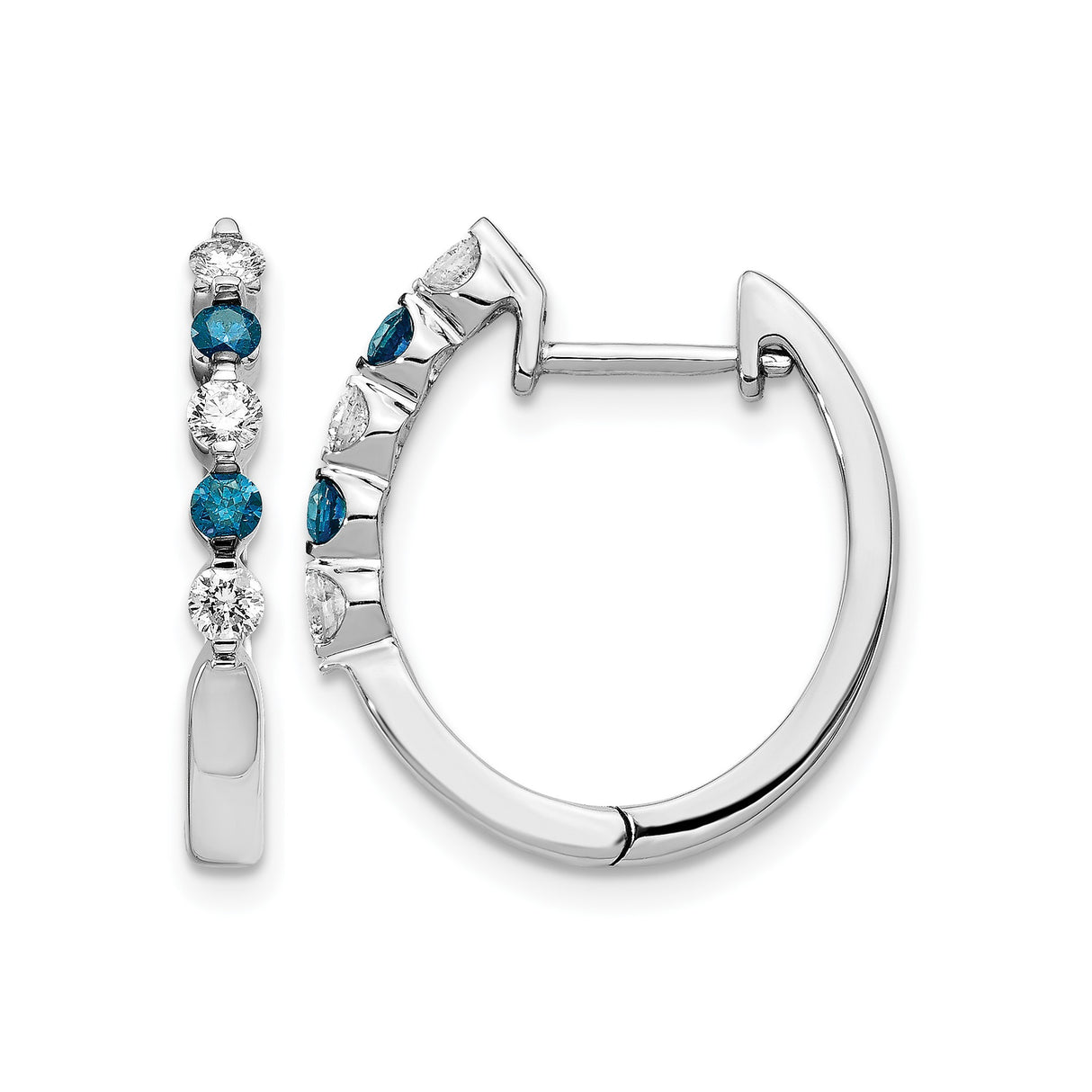 14k White Gold Hoop Earrings with Alternating White and Blue Diamonds, Prong Set Design