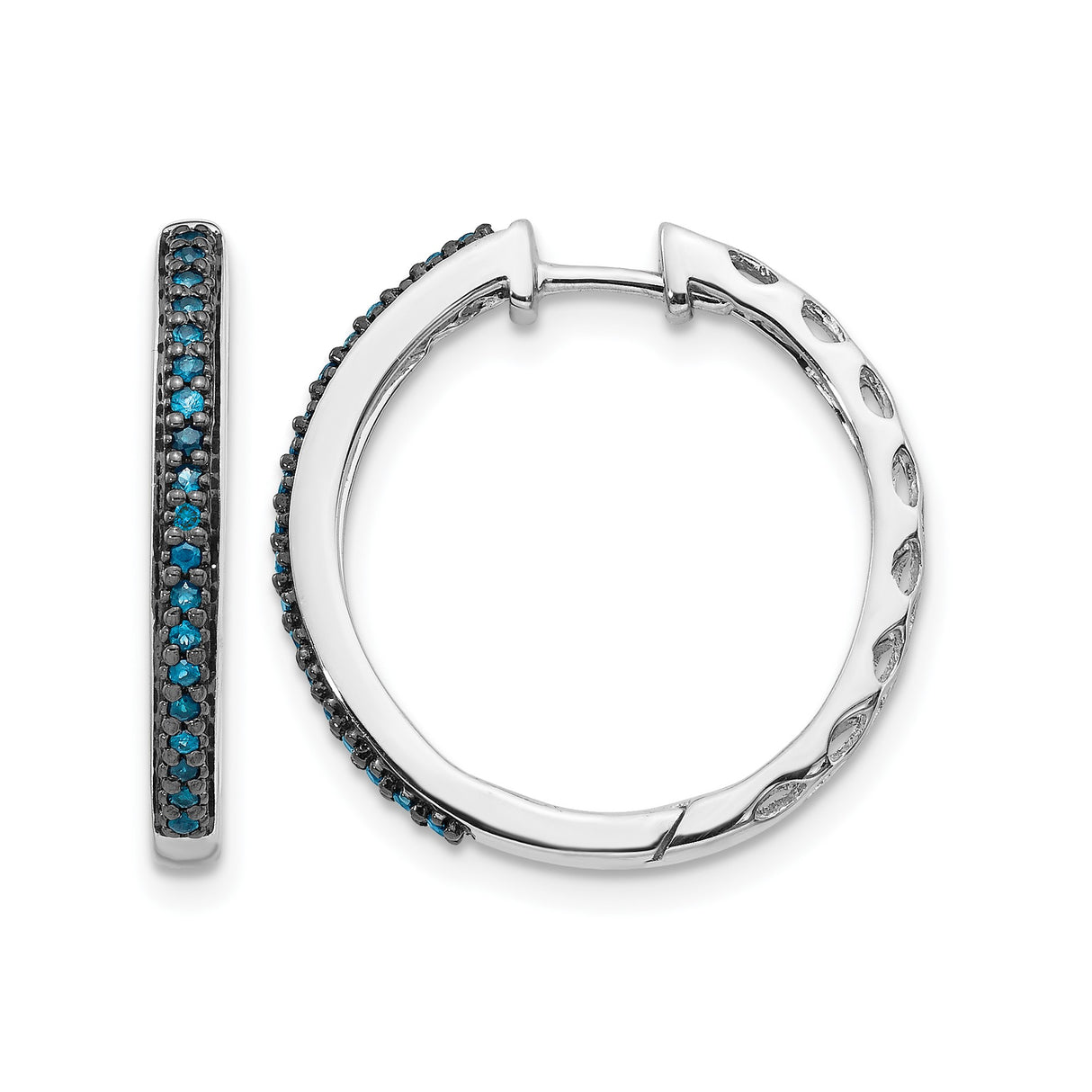 14k White Gold Hoop Earrings with Blue Diamonds, Modern Hinged Closure Design