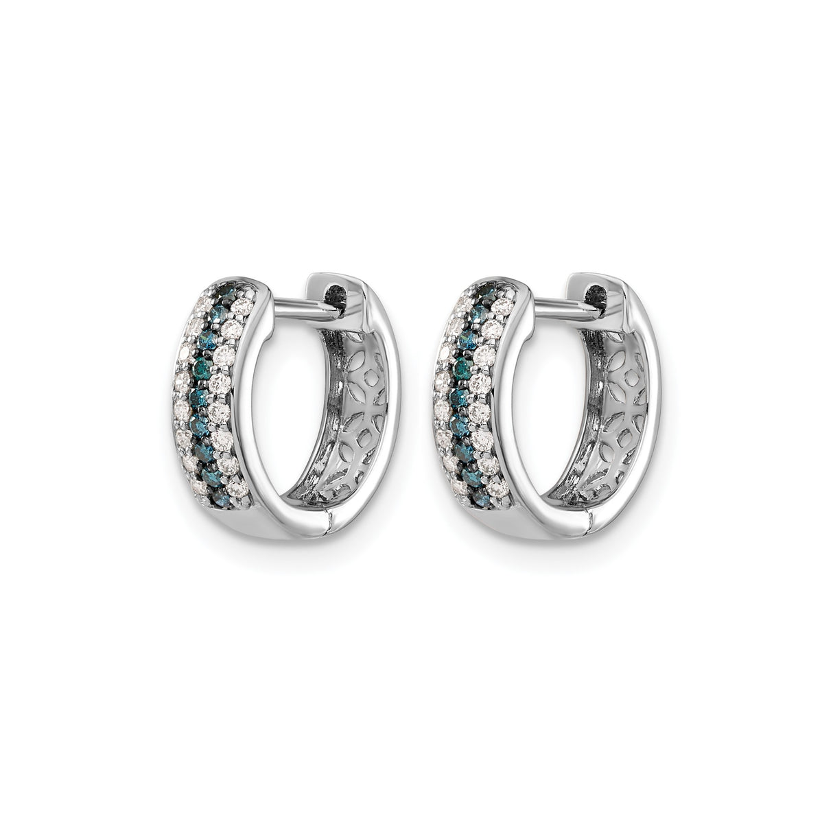 14k White Gold Hoop Earrings with Channel Set Blue and White Diamonds, Modern Huggie Style