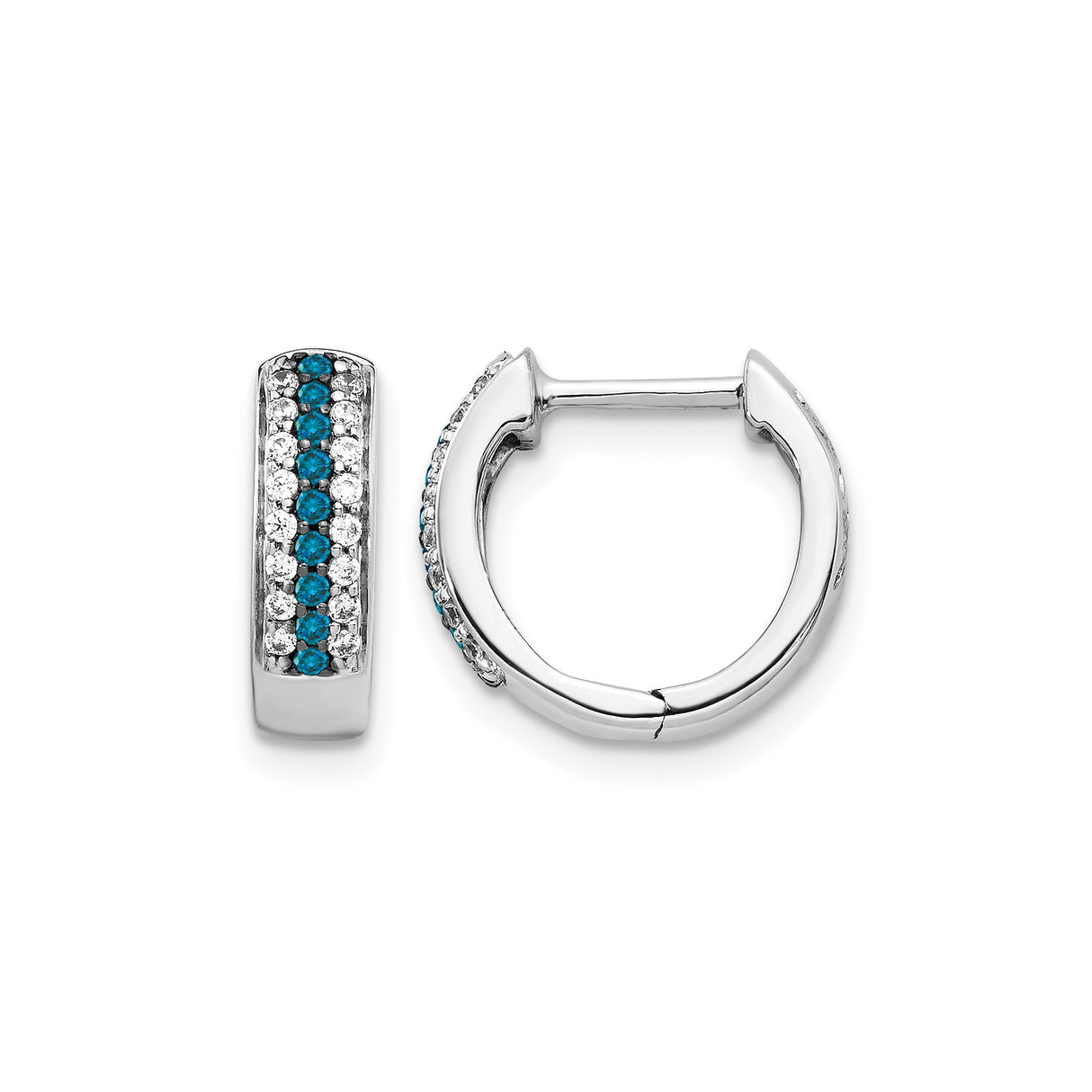 14k White Gold Hoop Earrings with Channel Set Blue and White Diamonds, Modern Huggie Style