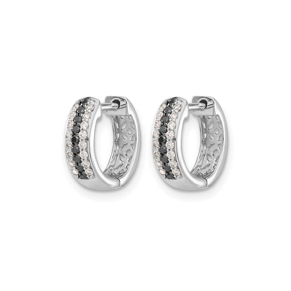 10k White Gold Hoop Earrings with Black and White Diamonds, Channel Set Modern Design