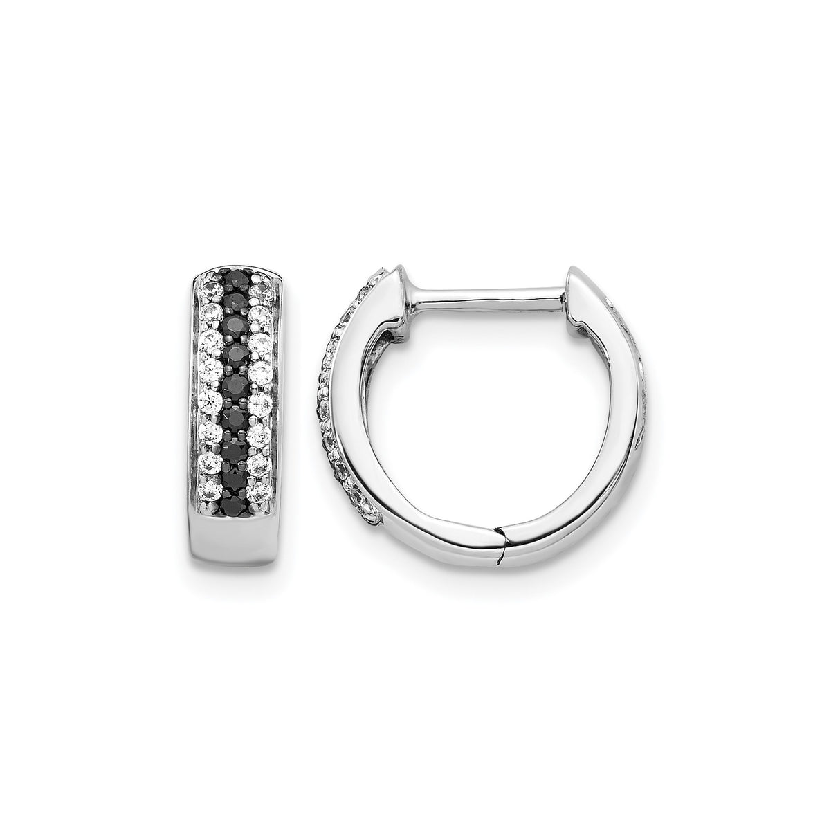 10k White Gold Hoop Earrings with Black and White Diamonds, Channel Set Modern Design