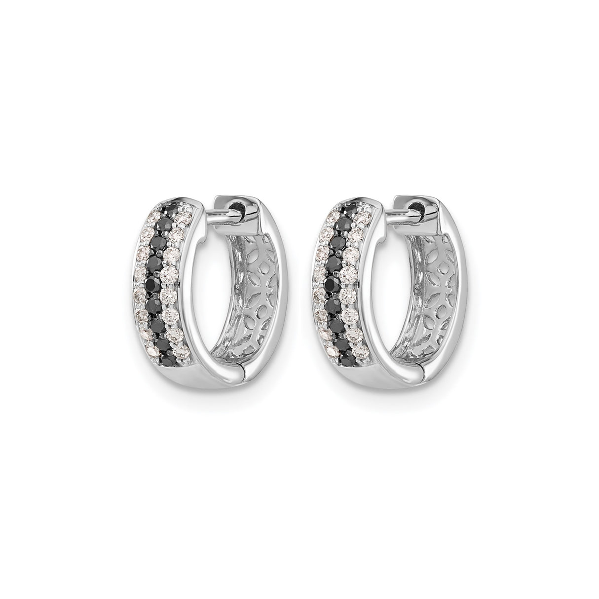 14k White Gold Hoop Earrings with Black and White Diamonds, Modern Contrast Design
