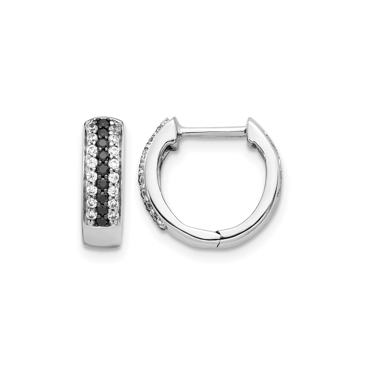 14k White Gold Hoop Earrings with Black and White Diamonds, Modern Contrast Design