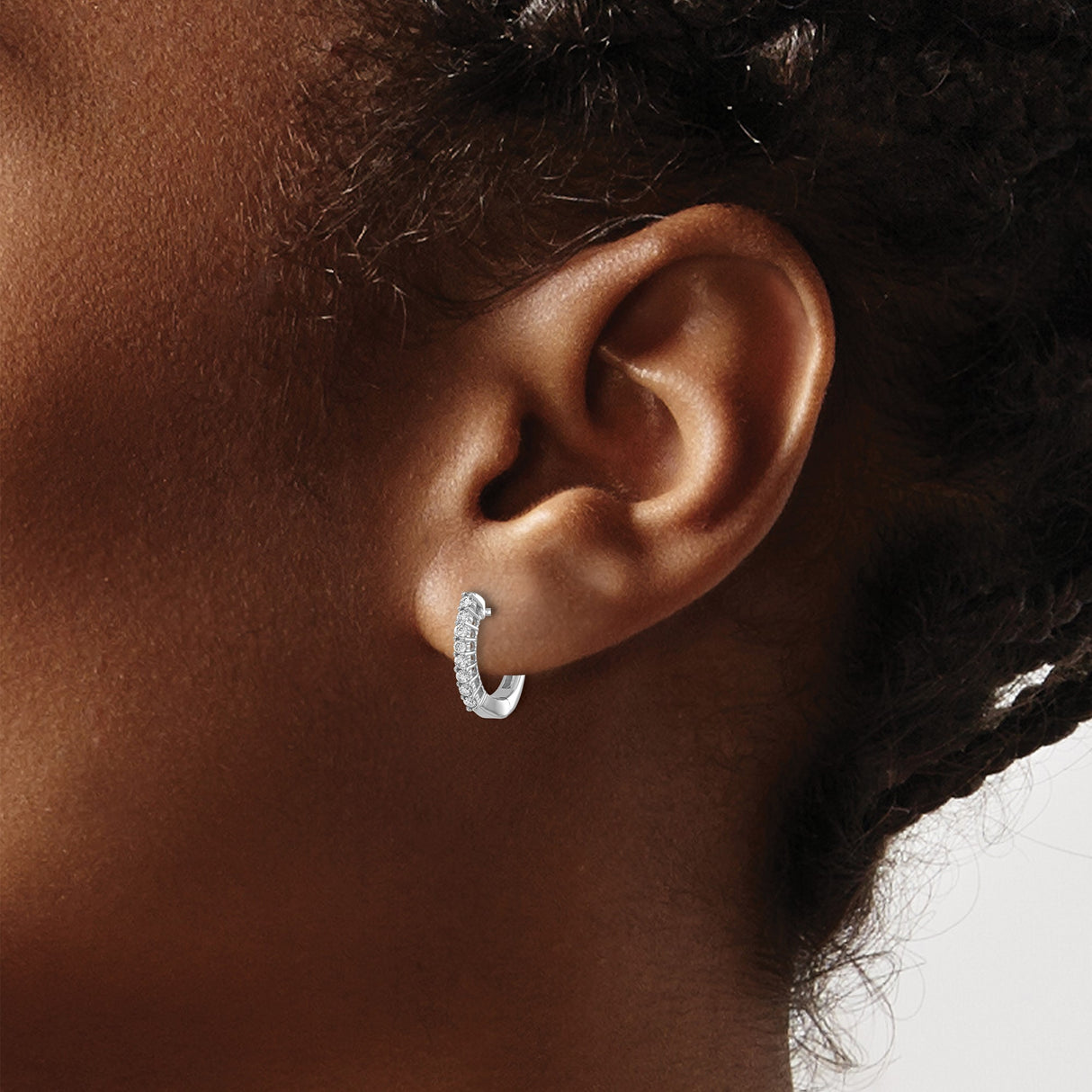 14k White Gold Diamond Hoop Earrings, Round Cut Accents, Sleek Huggie Style