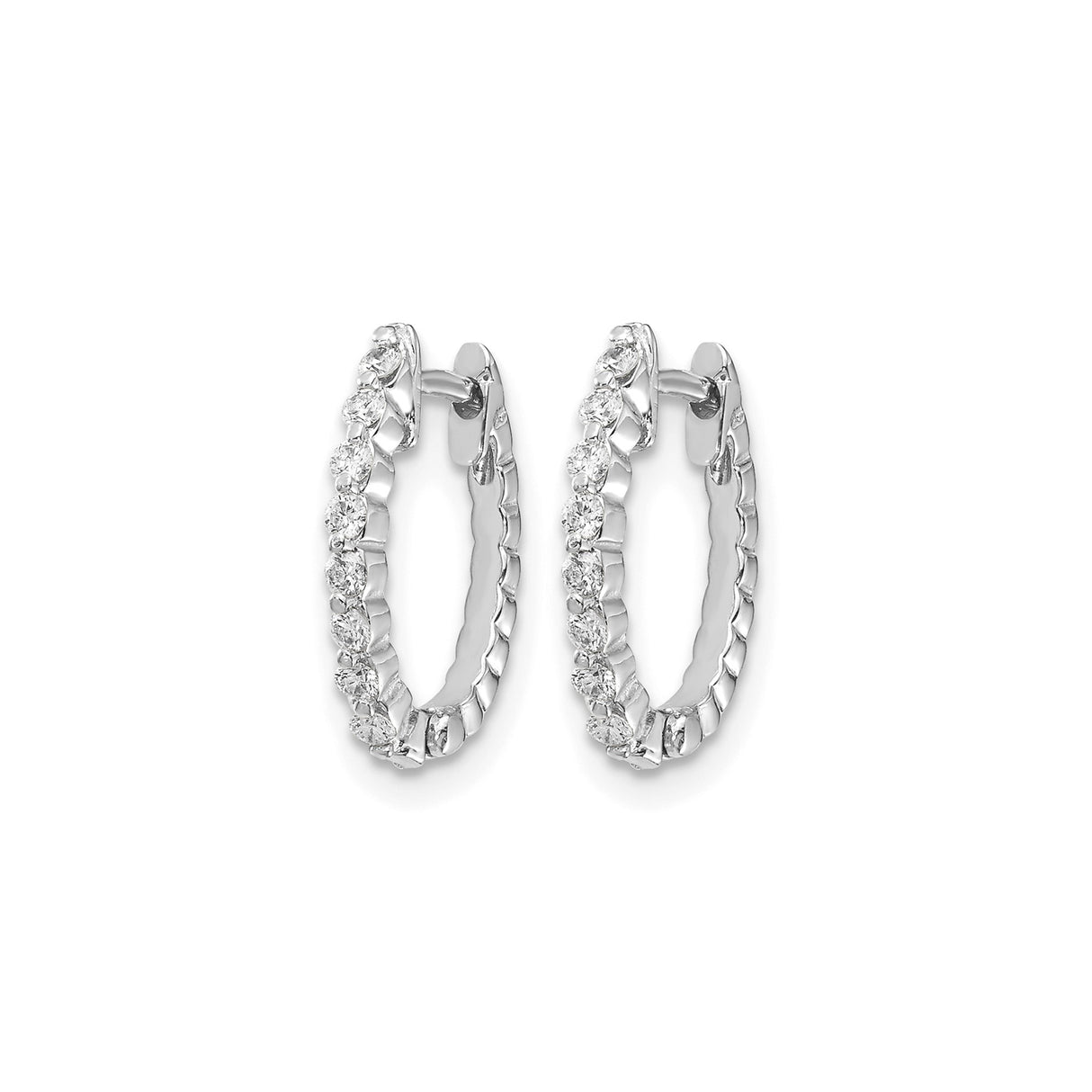 14k White Gold Diamond Hoop Earrings with Round Cut Stones, Half Eternity Design