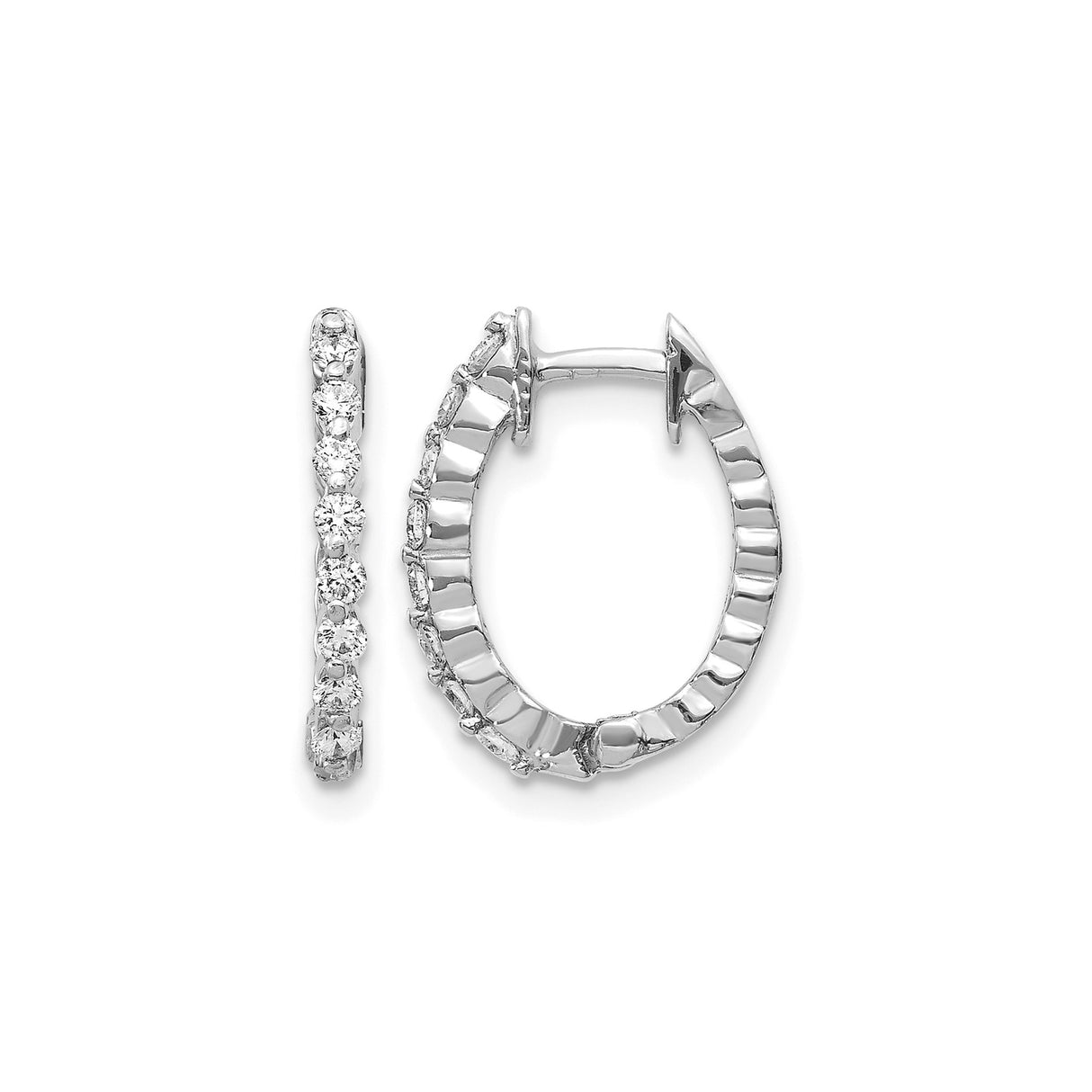 14k White Gold Diamond Hoop Earrings with Round Cut Stones, Half Eternity Design