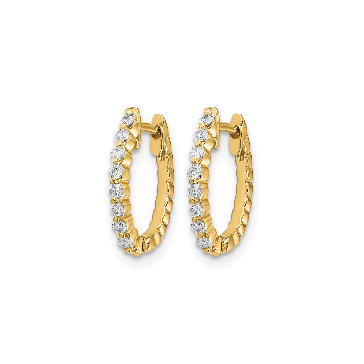 14k Yellow Gold Hoop Earrings with Round Cut Diamonds, Classic Front-Facing Design for Women