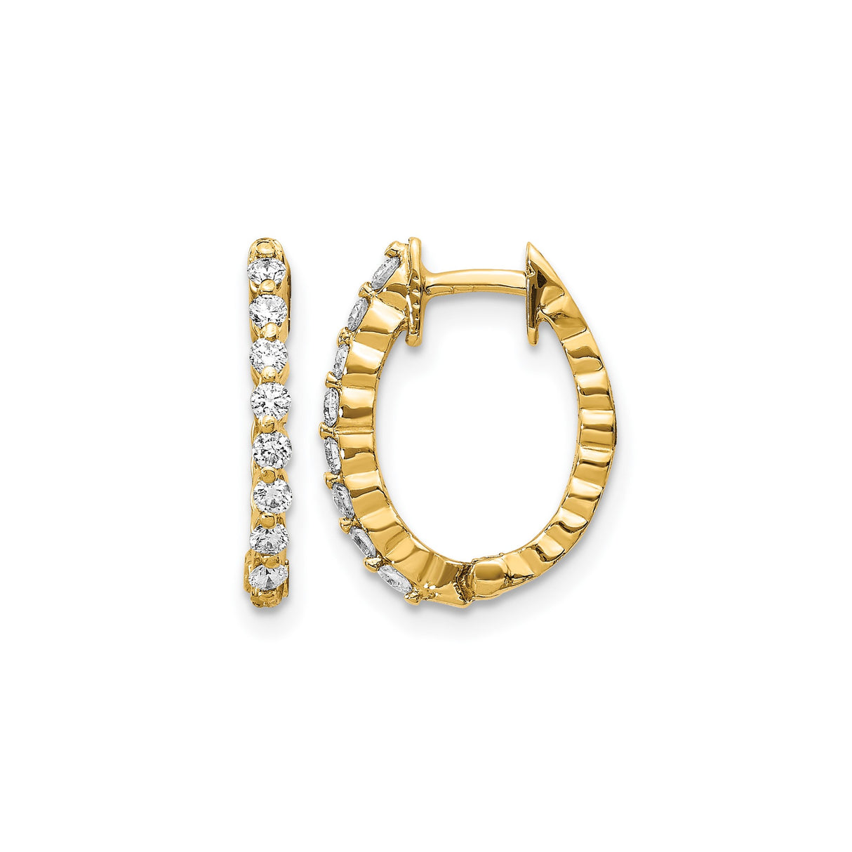 14k Yellow Gold Hoop Earrings with Round Cut Diamonds, Classic Front-Facing Design for Women