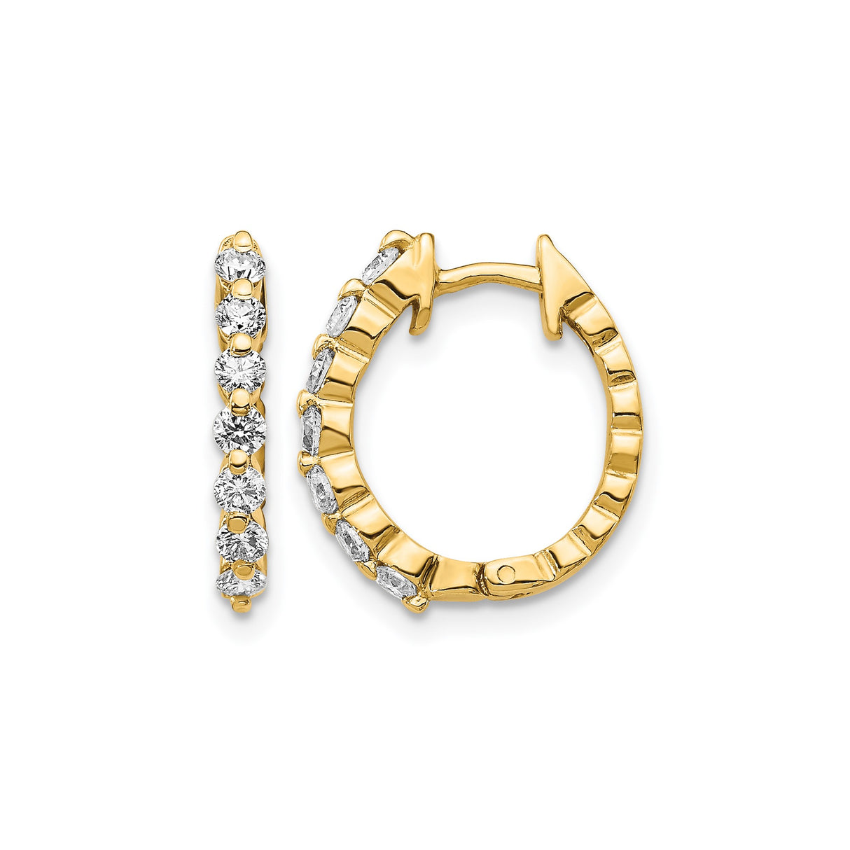 14k Yellow Gold Huggie Hoop Earrings with Diamond-Cut Detail and Round Cubic Zirconia Stones