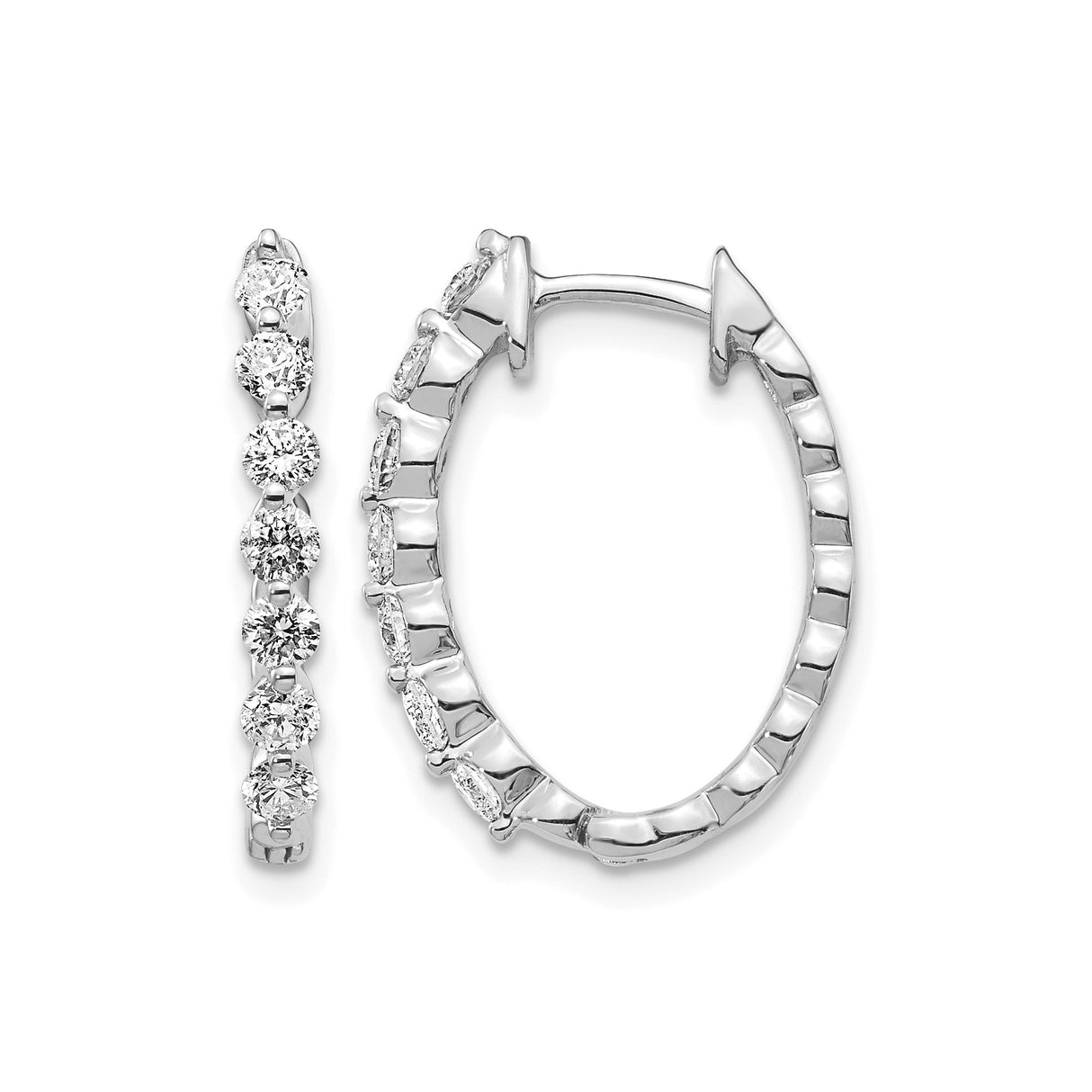 14k White Gold Hoop Earrings with Diamonds, Shared Prong Setting, Lightweight Classic Style
