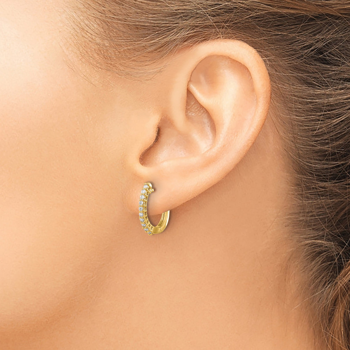 14k Yellow Gold Hoop Earrings with Round Cut Diamonds in Channel Setting