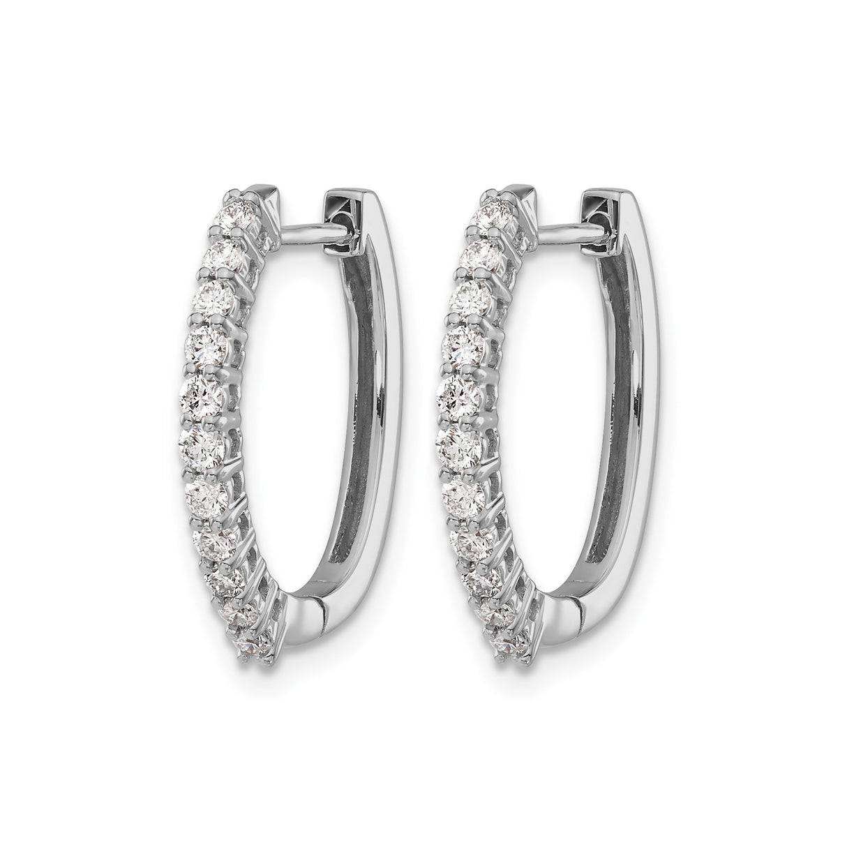 14k White Gold Hoop Earrings with Round Cut Diamonds, Prong Setting, Polished Finish
